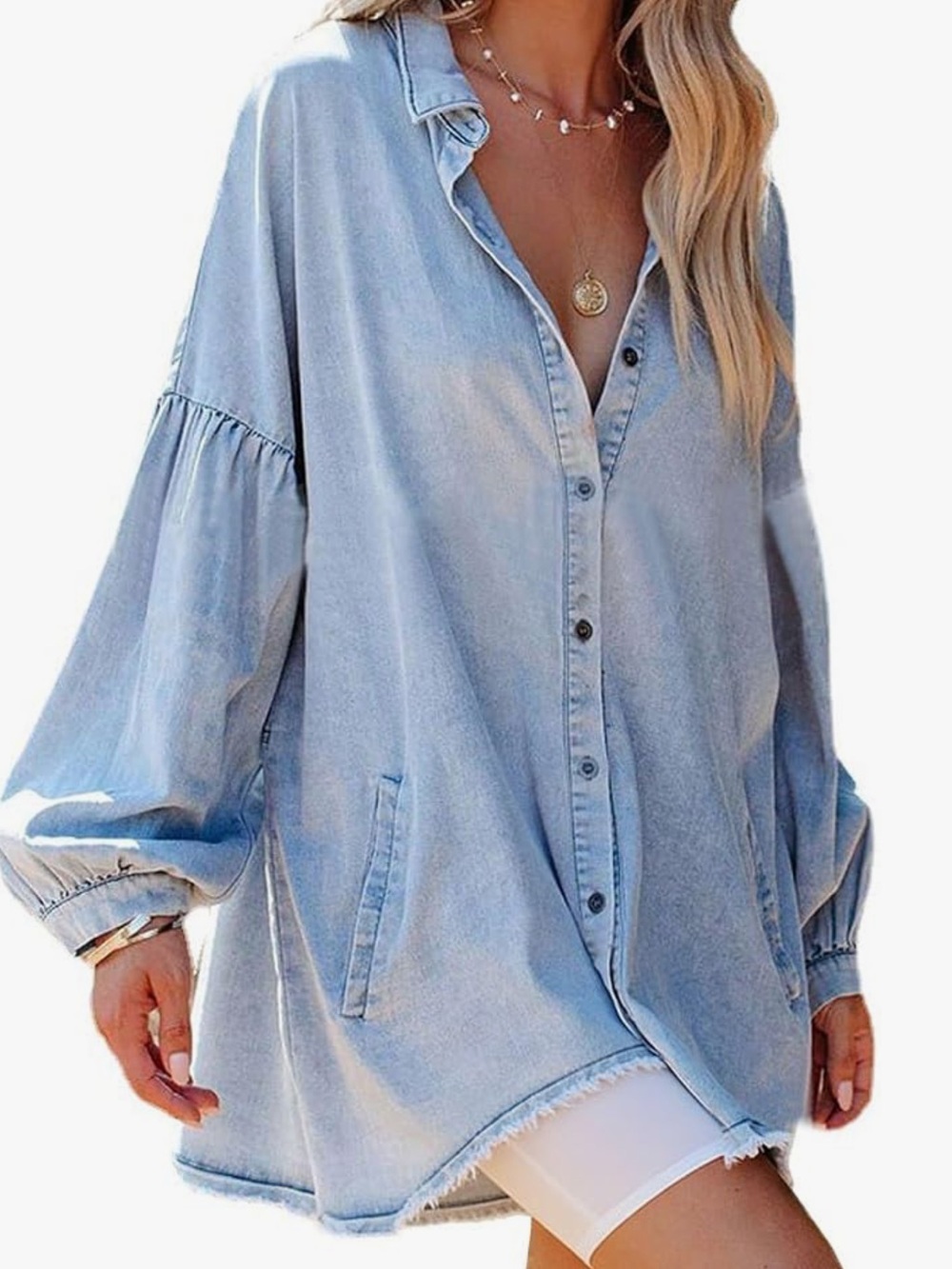 Loveimgs M NWOT LIGHTWEIGHT Light Wash Denim PUFF SLEEVE Tunic Shirt dress